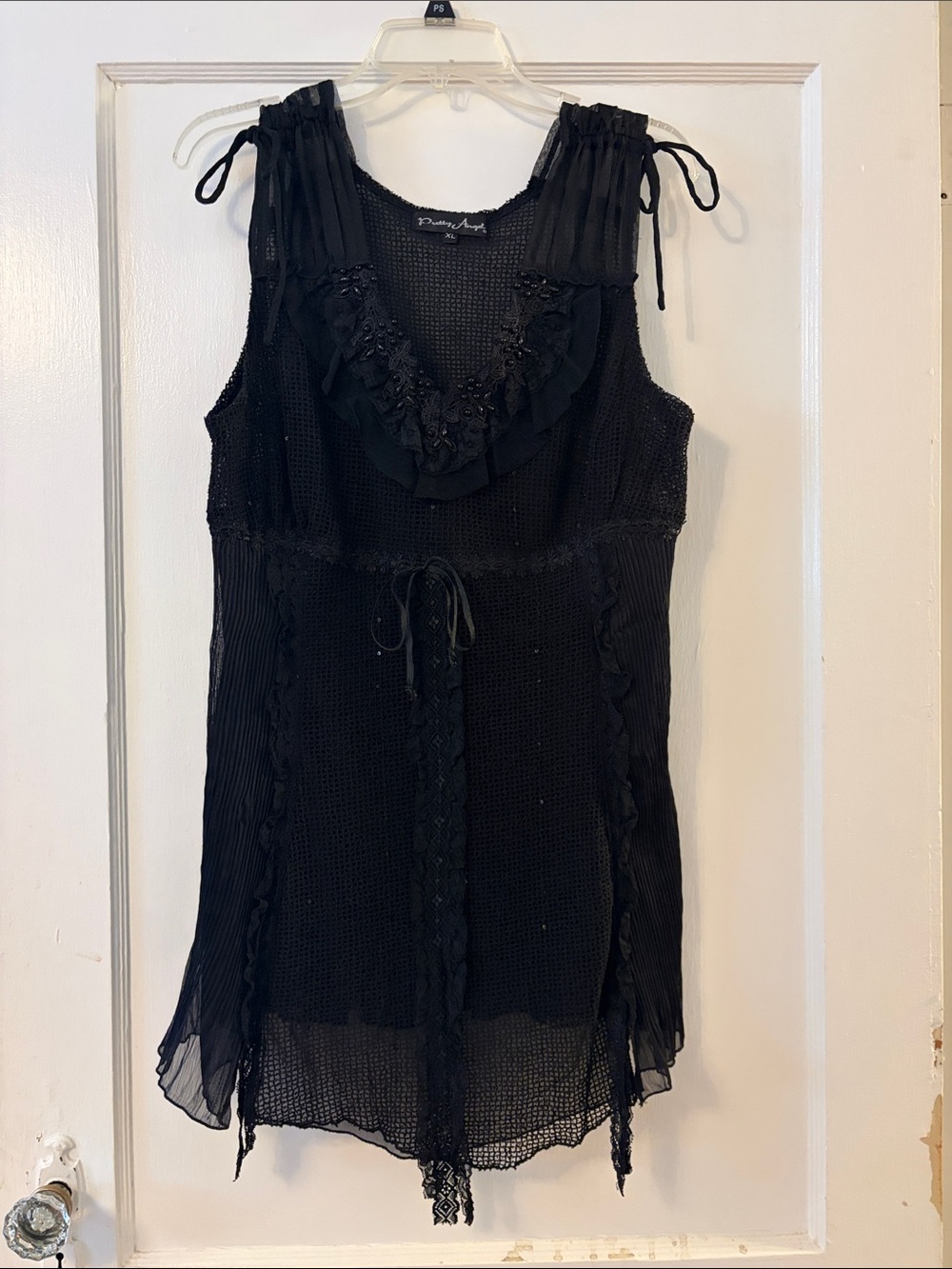 Pretty Angel Black Sleeveless Ruffled Knit/Fishnet Detail Top